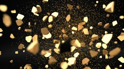 Numerous gold-colored fragments, some appearing cube-shaped, scatter against a black background amidst tiny gold particles. - Powered by Adobe