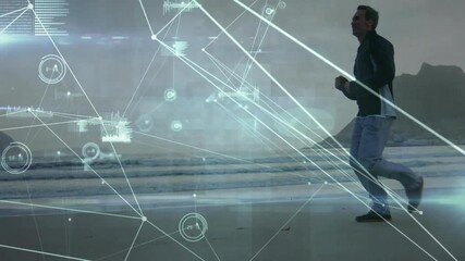 Runner stepping into beach view activating floating nodes connecting limbs and tracking run metrics - Powered by Adobe