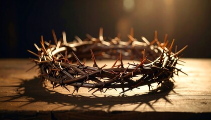 Crown of Thorns with Symbol of Jesus Christs Passion, and on Rustic Wood.