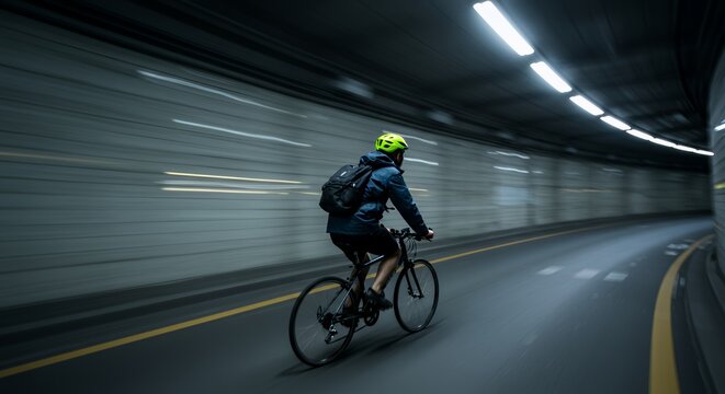 Cyclist speeds through a dimly lit tunnel, a blur of motion and urban energy. - Powered by Adobe