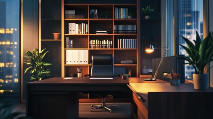 Modern office interior design with desk chair bookcase and plants for professional workspace inspiration