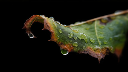 Macro shot of a single green leaf tip curling and turning brown, with dew drops clinging to the decaying edge - Generative AI