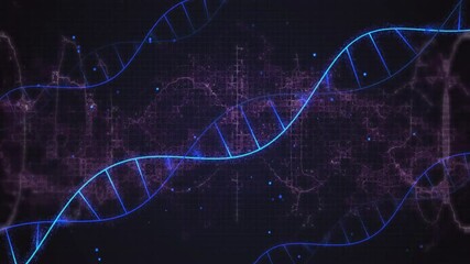 Glowing blue curve sweeping down, forming DNA helix ribbons over pulsing grid visualizing data - Powered by Adobe