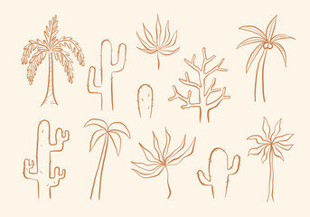 Line Art Botanical Tree And Cactus. A collection of 11 line art elements including palm trees cacti and abstract botanical shapes in warm minimal style ideal for summer visuals tropical themes