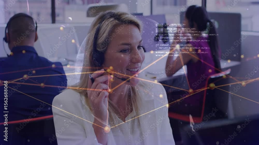 Aufkleber upon incoming call support agent adjusting mic, starting assistance with animated network graphics