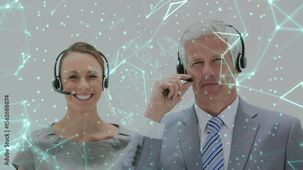 Poster business presenters adjusting headsets, smiling during pitch while animated nodes and globe pulsing