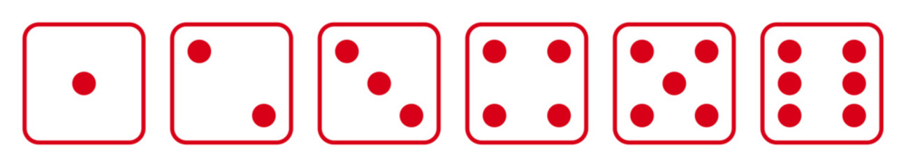 Dice icon set with all six faces in red color in outline style. Ludo game dice symbols in outline style. Set of six sides of a dice icon in red color isolated on a white background