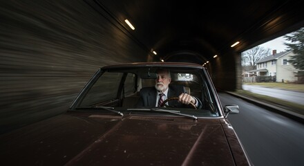 Obraz premium An elderly man with a beard drives through a dimly lit tunnel, his expression serious and contemplative.