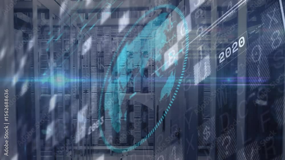 Poster data stream initiating globe rotating and ring orbiting tracing yearly growth across server racks