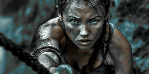 Mud-Covered Woman Gripping Rope