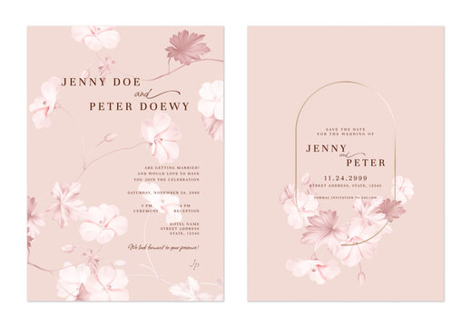 Wedding invitation and save the date template set of elegant monochromatic pink Geranium Mavis Simpson flowers and leaves on a soft warm pink background