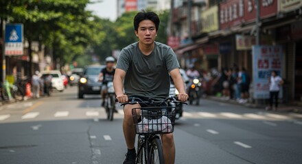 Young man confidently rides his bicycle through a bustling city street, showcasing urban life and everyday transportation.