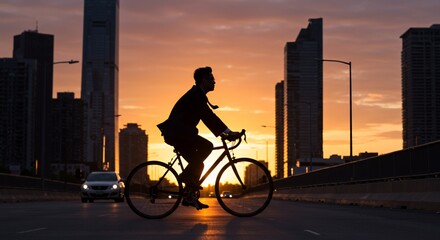 Silhouetted businessman cycles through a city at sunset, enjoying the urban landscape and evening commute.
