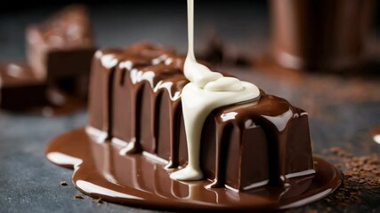 Creamy delight of chocolate dessert as white chocolate is poured over a chocolate bar, creating an irresistible treat - Powered by Adobe