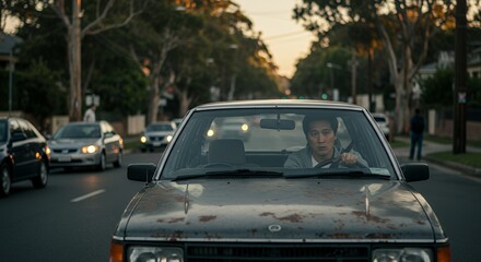 Pensive driver in a vintage car navigates a quiet suburban street at dusk, lost in thought.