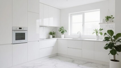 Fototapeta premium Modern minimalist kitchen with white cabinetry, marble flooring, and green plants