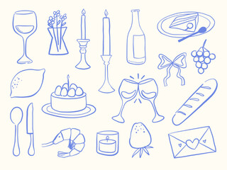 Line Art Romantic Dining And Celebration. A collection of 17 line art elements including wine glasses desserts candles fruits utensils and love notes designed for dining celebration and romantic