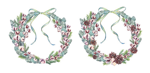 Watercolor set with Christmas wreath with eucalyptus and branch cotton and pine cone isolated on white background. Frame with copy space. Green silver leaves and bow. Clipart for New Year wallpaper
