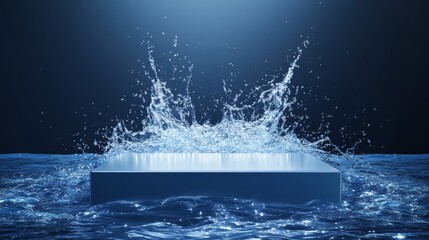 Empty rectangular podium with splash water in dark background