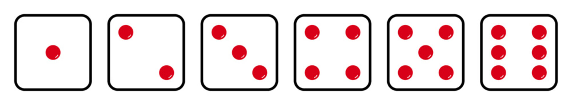 Glossy dice icon set with all six faces in black outline with red dots. Glossy ludo game dice symbols in outline style. Set of six sides of a glossy dice icon in black outline with red dots