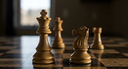 Strategic Chess Game: Queen and Knight on the Board, Intense Gameplay