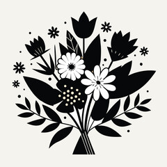 Stylized black and white floral bouquet illustration featuring daisies and tulips with a simple geometric arrangement on a light background
