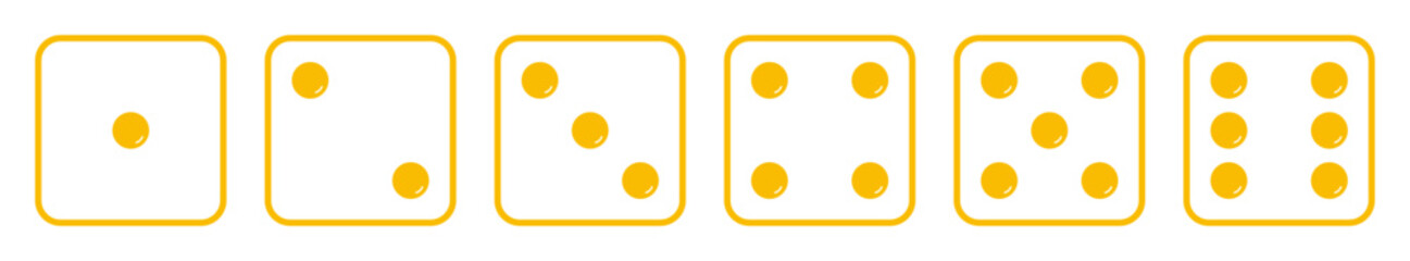 Glossy dice icon set with all six faces in yellow color in outline style. Glossy ludo game dice symbols in outline style. Set of six sides of a glossy dice icon in yellow color