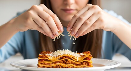 Person garnishing freshly made lasagna with shredded cheese on a white plate