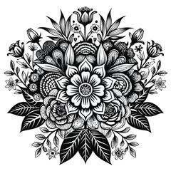 Intricate black and white floral arrangement featuring detailed flowers and leaves in a symmetrical bouquet design