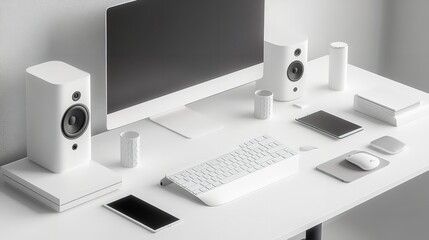 White desk setup with computer monitor keyboard speakers mouse and phone for minimalist workspace design