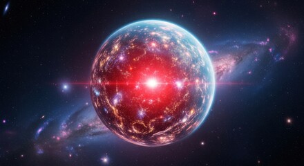 Alien Planet with a Glowing Core and City Lights Against a Nebula Background