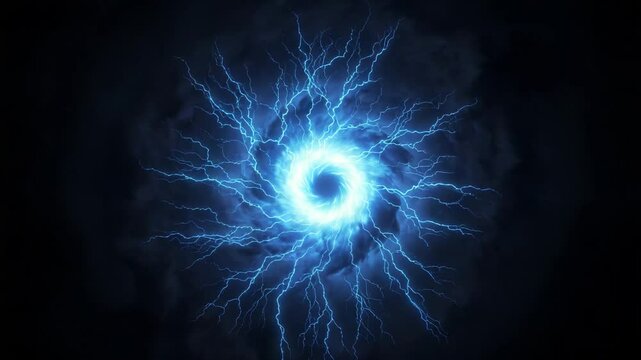 A glowing blue energy core rotates with electric arcs and particles, as the camera gently zooms in, surrounded by deep shadows and tech light  