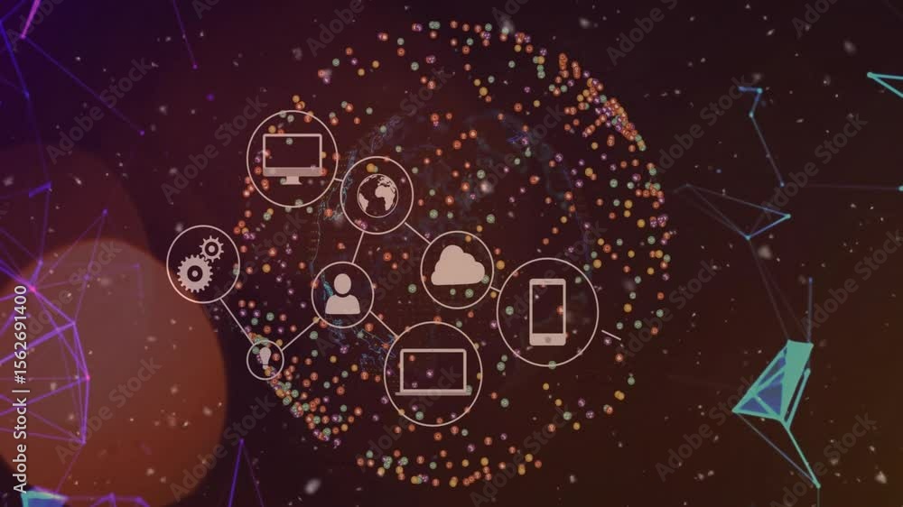 Aufkleber sphere forming and cloud fading starting icons appearing, connecting and settling into network map