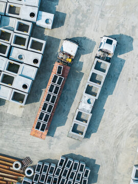 Concrete Structures Transport by Trucks Aerial View