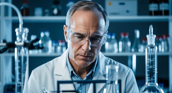 Focused senior scientist wearing safety glasses conducting research in modern laboratory setting