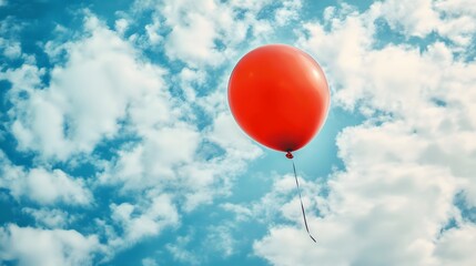 Obraz premium Vibrant Red Balloon Floating Serenely Upwards Against a Cloudy Blue Sky