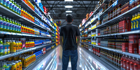 Person Standing in Supermarket Aisle with Shelving of Bottled Goods