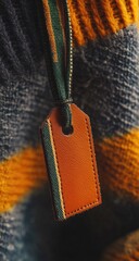 Close-up of a tan leather tag on a garment