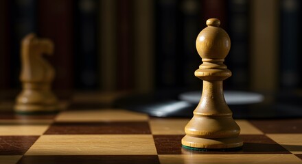 A lone chess bishop stands on a chessboard, bathed in sunlight, with a blurred knight and books in the background. A vinyl record lies subtly out of focus.