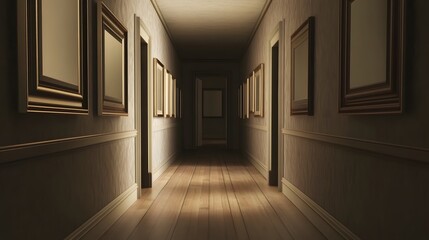 Obraz premium A Long, Eerily Infinite Hallway Stretching into the Distance, Lined with Numerous Empty Golden Picture Frames and Doors