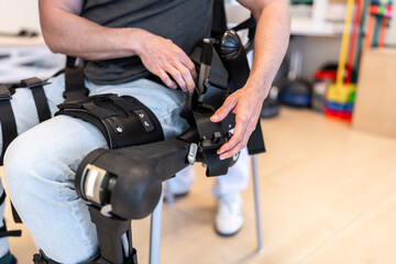 Patient wearing exoskeleton in rehabilitation center adjusting straps