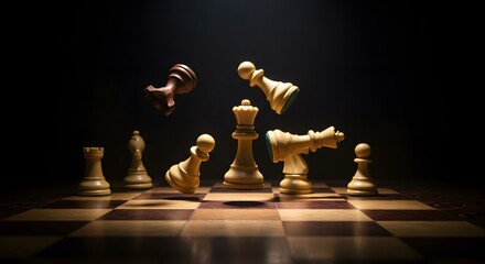 Dramatic Chessboard Scene: Falling Pieces and Intense Game Strategy