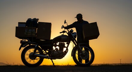 Silhouette of a delivery person on a motorcycle carrying packages at sunset.
