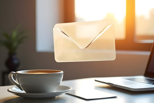 Transparent, multi-sized envelope icon floating on a laptop in a windowed office.