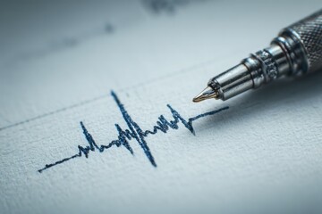 Fototapeta premium A close-up of a pen drawing a heartbeat or ECG line on textured paper, symbolizing life, health, and medical monitoring.