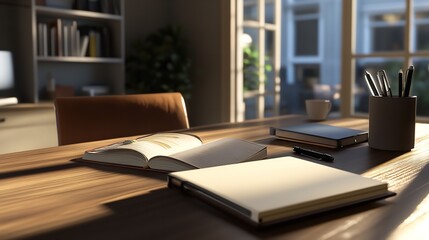 Desk setup with books and pens in a bright room for study and work from home concept design idea