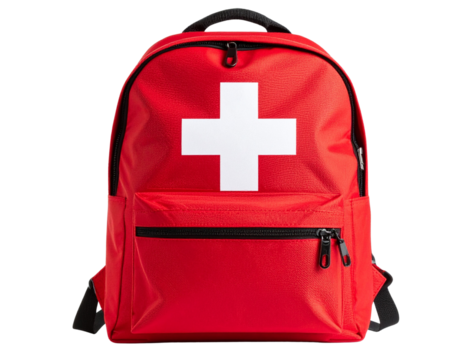 Bright Red First Aid Backpack with White Cross Emblem, isolated on transparent background PNG
