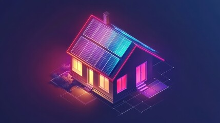 Illuminated house with solar panels.