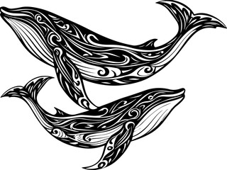 Fototapeta premium SVG illustrating a marine conservation sanctuary to protect ocean life. Artistic Black and White Illustration of Two Stylized Whales