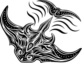 Obraz premium SVG illustrating a marine conservation sanctuary to protect ocean life. Detailed Black and White Illustration of a Stylized Stingray and Butterfly